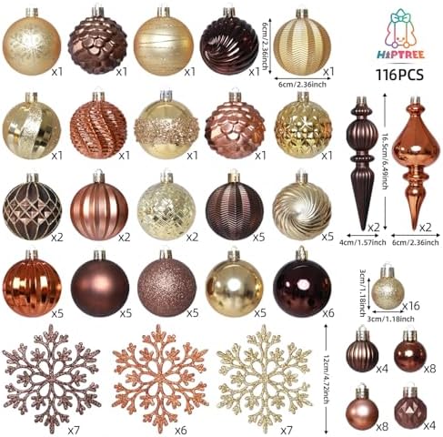 HipTree 116ct 1.18-6.5"Copper Gold Christmas Tree Ornaments Decorations Set