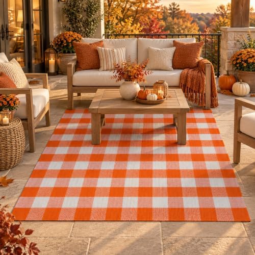 Orange and White Plaid Rug, 4' x 6' Fall Outdoor Front Door Decor Mat, Cotton Washable Hand-Woven Rug for Layered Doormat, Autumn Halloween Thanksgiving Carpet for Porch, Entryway