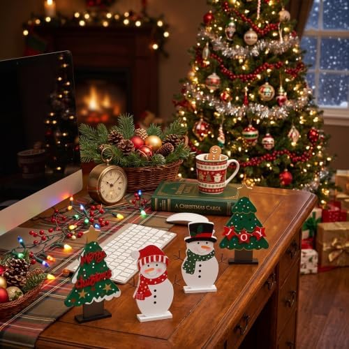 DECSPAS Christmas Decorations Indoor, 4 PCS Wood Christmas Trees & Snowmen for Centerpiece Table Decorations, Wooden Tiered Tray for Xmas Decor, Home, Winter, Tabletop, Mantel, Shelf, Gifts