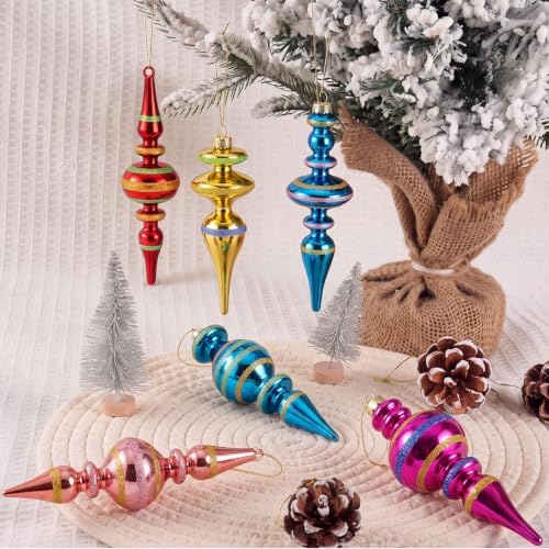 Soulchen 6 Pcs Vintage Glass Finial Christmas Ornaments Charming 6-6.8 Inch
