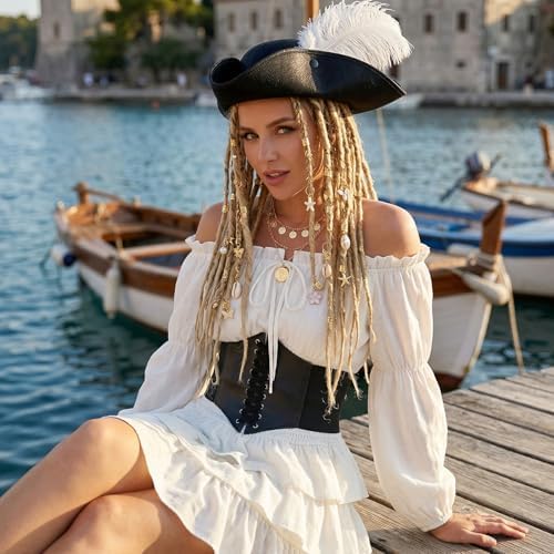7 Pcs Pirate Costume Women Renaissance Dress Set, Medieval Pirate Outfit for Women with Hat and Accessories