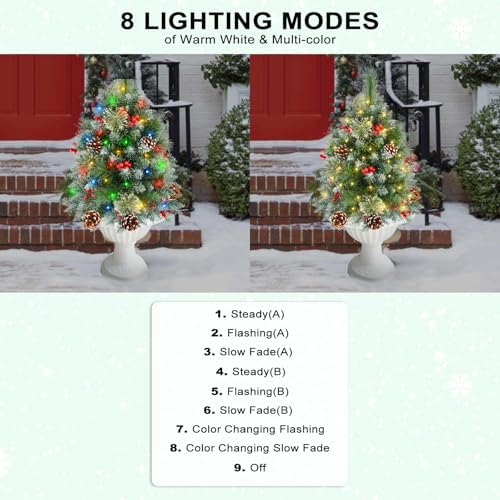 Christmas Tree Urn Filler with Timer, Pre-lit Warm White & Multi-Color Changing LED Lights, Artificial Xmas Tree for Porch, Pathway, Yard, Outdoor Holiday Decoration (2, Tree with Snow)