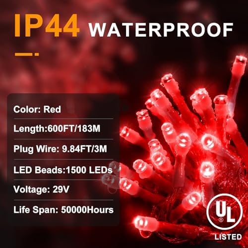 KNONEW 600ft 1500 LED String Lights Outdoor Christmas Lights 8 Modes & Timer Fairy Light Plug in Waterproof LED String Lights for Xmas Yard Tree Wedding Party Holiday Decorations (Red)