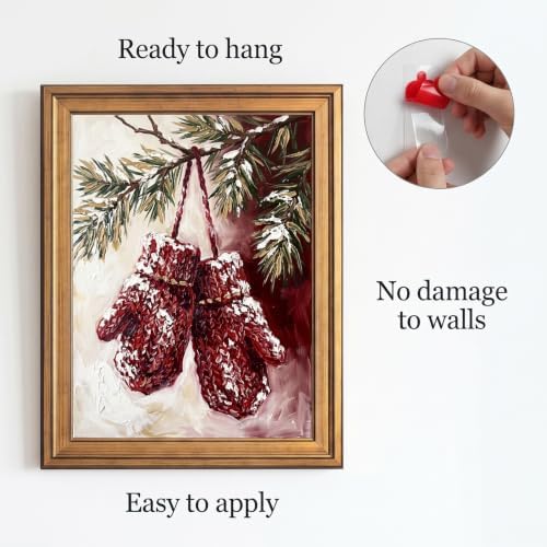 Framed Canvas Wall Art Painterly Winter Mittens on Pine Branch Red and White Snow Texture Canvas Print Poster Gold Frame Wall Decor for Living Room Winter Season, Holiday Art - Inch 16x20