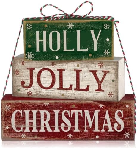 Moucuny 4 Pcs Christmas Table Decoration for Home Rustic Jolly Stacked Sign