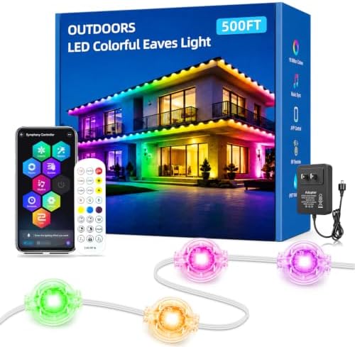 500ft RGB+IC Smart Permanent Outdoor Eaves Lights IP67 Waterproof,Outdoor Eaves LED Lights with App/Remote Control for House Roof，Garden，Christmas, Halloween, Party Decor(2 Rolls of 250ft)