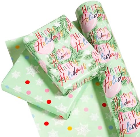 WRAPAHOLIC 30 Inch Reversible Christmas Wrapping Paper - 30 Inch x 33 Feet - Happy Holiday Lettering with Christmas Ball Design for Holiday, Party Celebration
