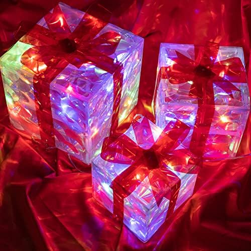 Hourleey Set of 3 Christmas Lighted Gift Boxes, Pre-lit 60 LED Light Up Present Boxes Ornament Outdoor Decoration for Indoor Christmas Home Yard Lawn Decor (Multicolor)
