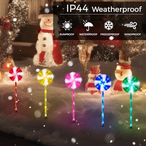 BRIGHTDECK 5 Pack Solar Christmas Pathway Lights, Multi Lollipop Stakes