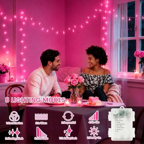 2 Pack 200 LED Battery Operated String Lights, Twinkle Fairy Lights Pink