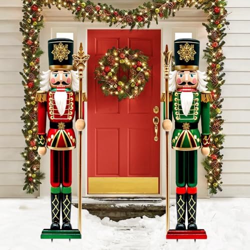 Bunny Chorus 2pcs Large Metal Nutcracker Christmas Yard Signs, Outdoor Lawn Pathway Decorations, Heavy Duty Iron Holiday Garden Stakes, Home Winter Walkway Driveway Front Porch Yard Decor