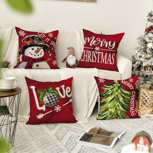 AVOIN colorlife Merry Christmas Let It Snow Snowman Red Throw Pillow Covers, 20 x 20 Inch Xmas Tree Holiday Cushion Case Decoration for Sofa Couch Set of 4