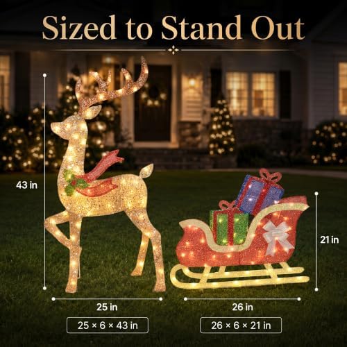 43 ‌"‌ 2.5D Lighted Christmas Reindeer with Sleigh Outdoor Decorations, Deer Pulling Gift Sled with 100 Warm White Lights, Stakes and Zip Ties for Yard Lawn Porch Garden Holiday Decor