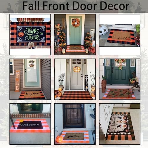Orange and White Plaid Rug, 3' x 5' Fall Front Door Decor Mat, Cotton Washable Hand-Woven Door Mat for Layered Doormat, Autumn Halloween Thanksgiving Carpet for Porch, Entryway