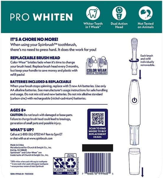 Spinbrush Pro Whiten Battery Powered Electric Toothbrush Bundle, (2) Toothbrushes + (4) Replacement Heads, Whiter Teeth in 1 Week, Dual Action Whitening Cup & Soft Bristles, ADA Accepted, Family Pack