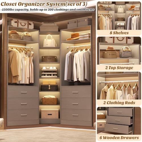 Besiost Closet System with 6 Drawers & 10 Shelves, Corner Closet Organizer