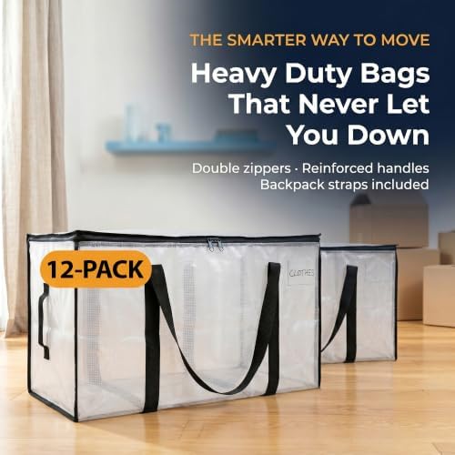 ClearSpace Heavy Duty Moving Bags or Storage Bins with Lids, Clear, 12 Pack