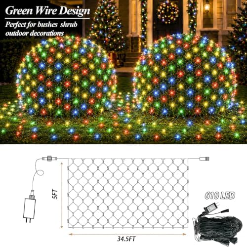 Lovelite 610LED Net Lights, 34.5ft x 5ft Christmas Net Lights Outdoor 8 Modes, Waterproof Connectable String Lights Green Wire Plug in for Bushes Xmas Tree Garden Holiday Party Decor - Multicolor