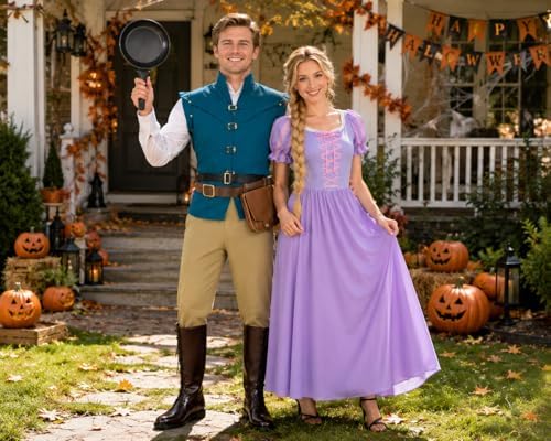 Rapunzel Costume Women Printed Purple Princess Dress Puff Sleeves Twirl Skirt Gown Halloween Cosplay Party Dress