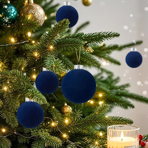 Navy Blue Velvet Christmas Ball Ornaments-46pcs Flocked Tree Decorations
