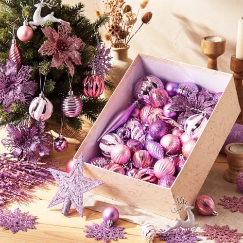 CroBlissful 118 Pcs Pink Purple Christmas Tree Decoration Set Including Ornaments Ball, Mesh Ribbon, Snowflakes Icicle, Top Star, Deer, Flower, Berries Stem Pastel Christmas Decoration for Xmas Trees