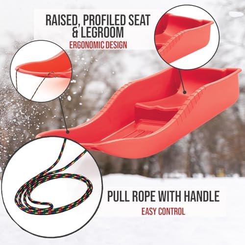 Snow Sled for Kids - SnowBoat Sledge - Single Rider Toboggan with Pull Rope; Outdoor Plastic Winter Sleigh for Toddlers & Kids