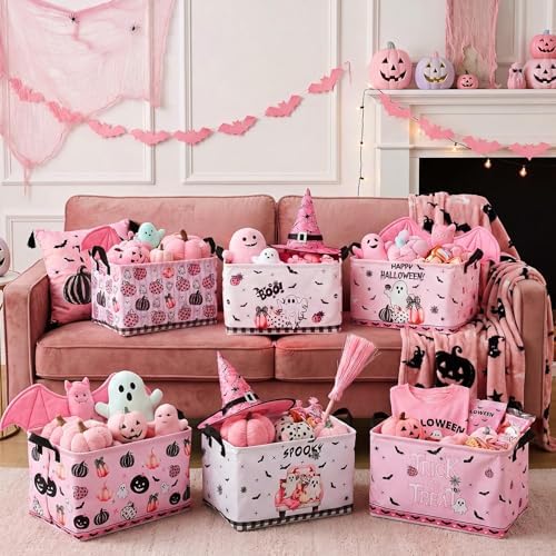 CHENGU 6 Pcs Halloween Storage Bins Collapsible Pink Ghost Storage Baskets