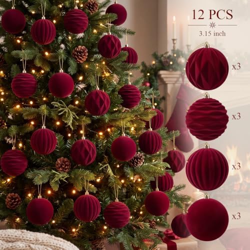 Liliful 3.15 Inch 12 Pcs Velvet Christmas Ornaments Balls, Burgundy Red
