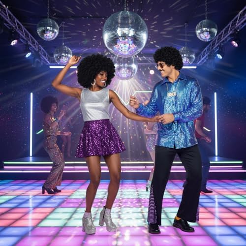 Mepase 6 Pcs Men 70s Disco Outfit Bell Bottom Pants Wig