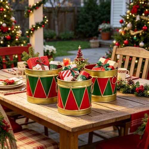 3-PCE Christmas Metal Drum Buckets Set - Festive Ice Bucket & Storage for Small Plants/Ornaments/Candies, Round Decorative Pails for Party Table Centerpieces & Home Mantel Display