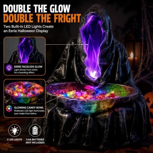 basen Grim Reaper Candy Bowl, Lighted Halloween Resin Decor