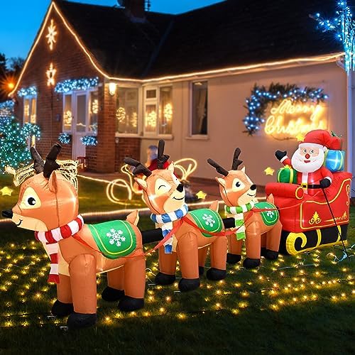 EAONE 12 Ft Christmas Inflatables Outdoor Decorations Giant Blow Up Yard Decorations Inflatable Santa Claus on Sleigh and 3 Reindeer, with Built-in LED Lights for Indoor Outdoor Home Holiday Decor