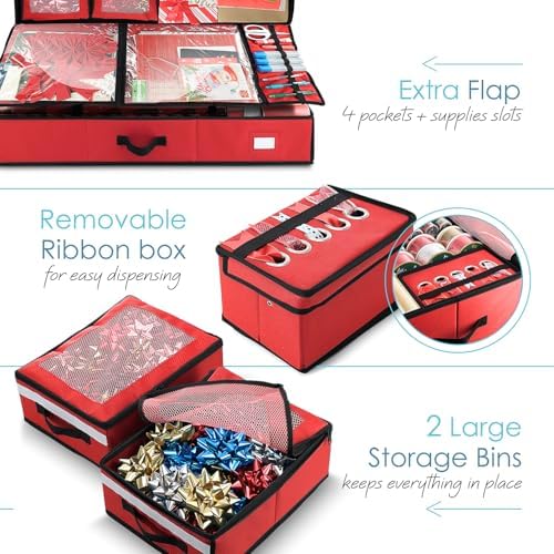 Hearth & Harbor Wrapping Paper Storage Container with Ribbon Dispenser and Interior Pockets - Large Christmas Storage Containers with Wheels, Fits 30 Rolls of 40" Length, Red