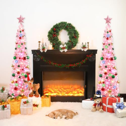 N&T NIETING Pop Up Christmas Tree with Lights & 30 Balls, 5Ft Collapsible Pink Tinsel Tree Decorations for Holiday Home Office Decor, Pink