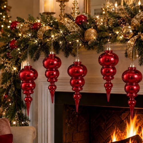 Soulchen 4 Pcs 12" Large Christmas Finial Drop Ornaments, Shiny, Red
