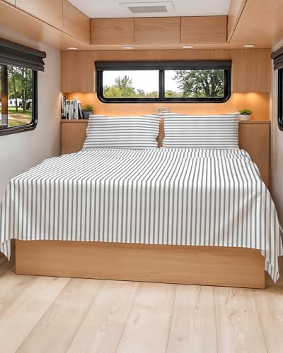 Short Queen Size 4 Piece Bed Sheet Set - RV Short Queen - Grey Stripes