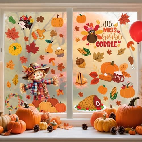 Thanksgiving Window Clings Stickers Decor, Fall Pumpkin Turkey Decorations