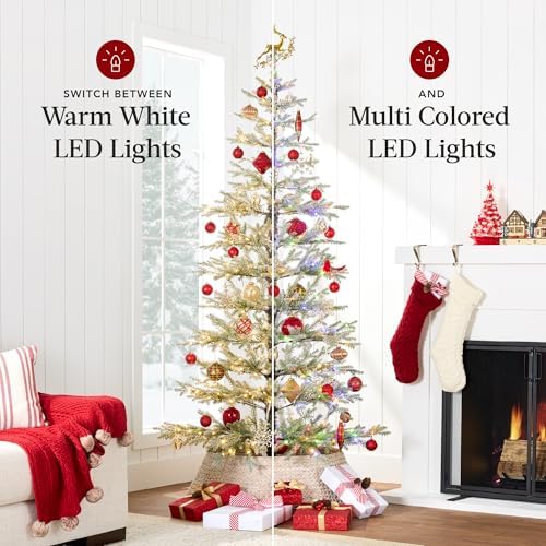 Best Choice Products Pre-Lit Sparse Christmas Tree 12ft Artificial Flocked Pine Holiday Décor Aspen Noble Fir White & Multicolor LED Lights- Green