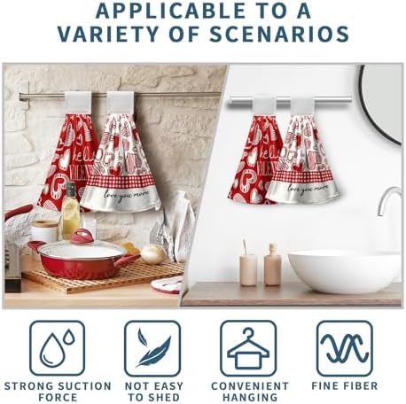 Valentines Day Hanging Kitchen Towels Set of 2 Valentine Red Heart Buffalo Plaid Hand Towels with Hanging Loops Seasonal Sweet Holiday Fingertip Oven Towels hanging Soft Absorbent Bar Tie Towel