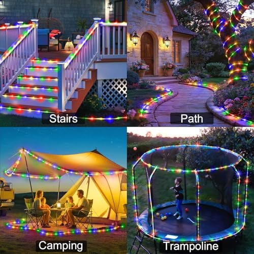 KNONEW Solar Rope Lights Outdoor 2 Packs Total 600LED 100FT Solar String Light Outside Waterproof with 8 Modes Clear Thin Tube for Pool Patio Garden Fence Camping Yard Deck Trampoline（Multicolor）