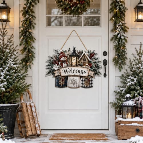 Christmas Decorations - Winter Snowman Welcome Wooden Sign for Front Door