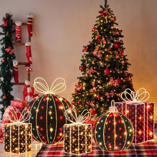 Woanger 5 Pcs Christmas Decorations Outdoor Lighted Metal Flat Gift Boxes