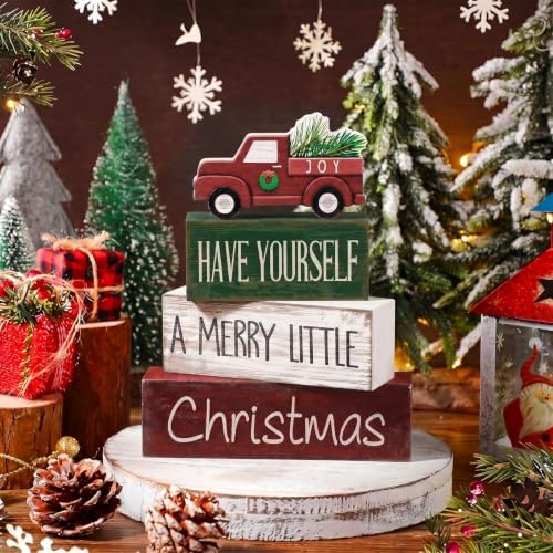 Lineshading 4 Pcs Wooden Christmas Tabletop Decor Red Truck Tiered Tray Decor Christmas Centerpiece Decorative Red Truck Block Signs Gift Farmhouse Winter Table Decoration for Home Kitchen Shelf