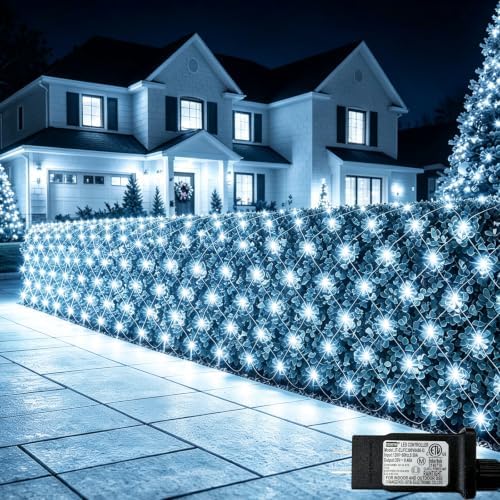 Lovelite 610LED Net Lights, 34.5ft x 5ft Christmas Net Lights Outdoor 8 Modes, Waterproof Connectable String Lights Green Wire Plug in for Bushes Xmas Tree Garden Holiday Party Decor - Cool White
