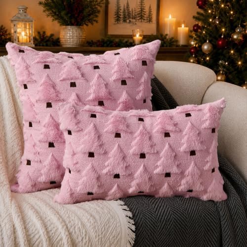 Allorry Christmas Pillow Covers 16x16 inch Set of 2 Pink Christmas Decorations Soft Plush Faux Fur Wool Christmas Tree Throw Pillow Cases Winter Holiday Decor for Sofa Living Room PT002E16