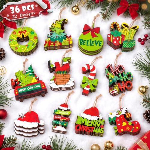 36 Pcs Christmas Ornaments for Tree, Hanging Wooden Christmas Decorations