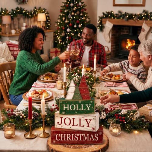 Moucuny 4 Pcs Christmas Table Decor, Jolly Christmas Tree Wooden Signs