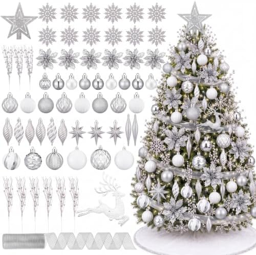 CroBlissful 118 Pcs Christmas Tree Ornaments Set Including Ornaments Balls, Hanging Snowflakes Icicle, Mesh Ribbon, Tree Top Star, Flower, Berries Stems for Xmas Trees Holiday Decor(Silver)