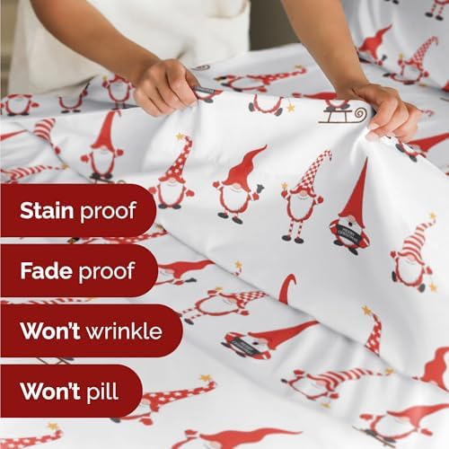 Christmas Sheet Set, Holiday Gnomes Red, Xmas Bedding Set - Cal King Size