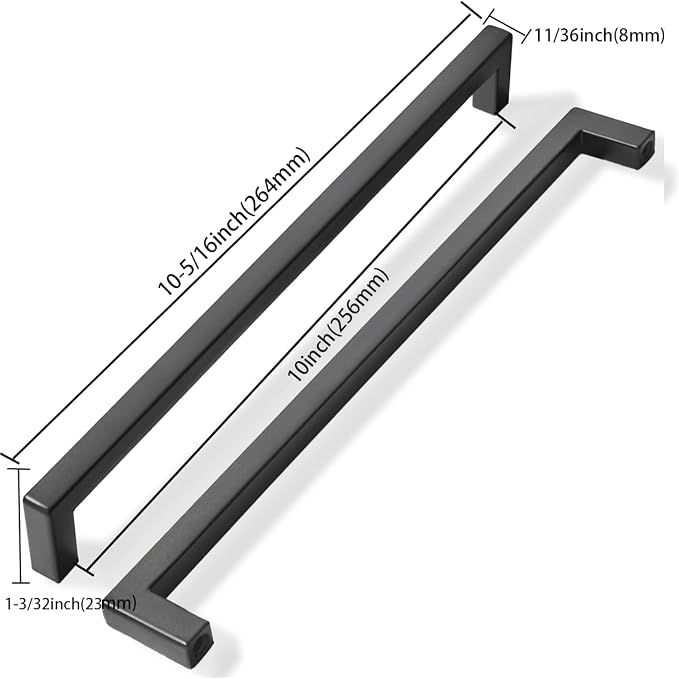 khtumeware 2 Pack 10 inch Center to Center Solid Black Cabinet Pulls Square Bar Drawer Handles Cabinet Handles Matte Black Drawer Pulls Kitchen Cabinet Hardware